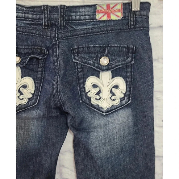 Machine Denim Jeans Women's Size 27 Dark Wash Distressed Embroidered - Picture 7 of 11